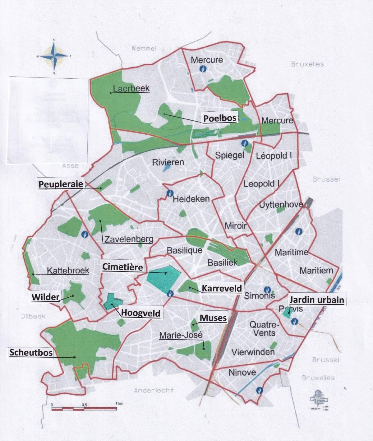 Carte de situation des espaces verts de bruxelles ouest